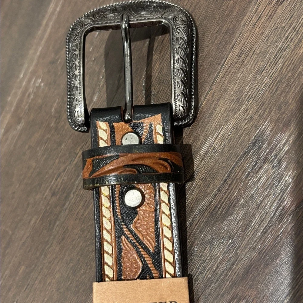 Montauk Genuine Leather Tooled Western Rodeo,filigree buckle,single stitch edge